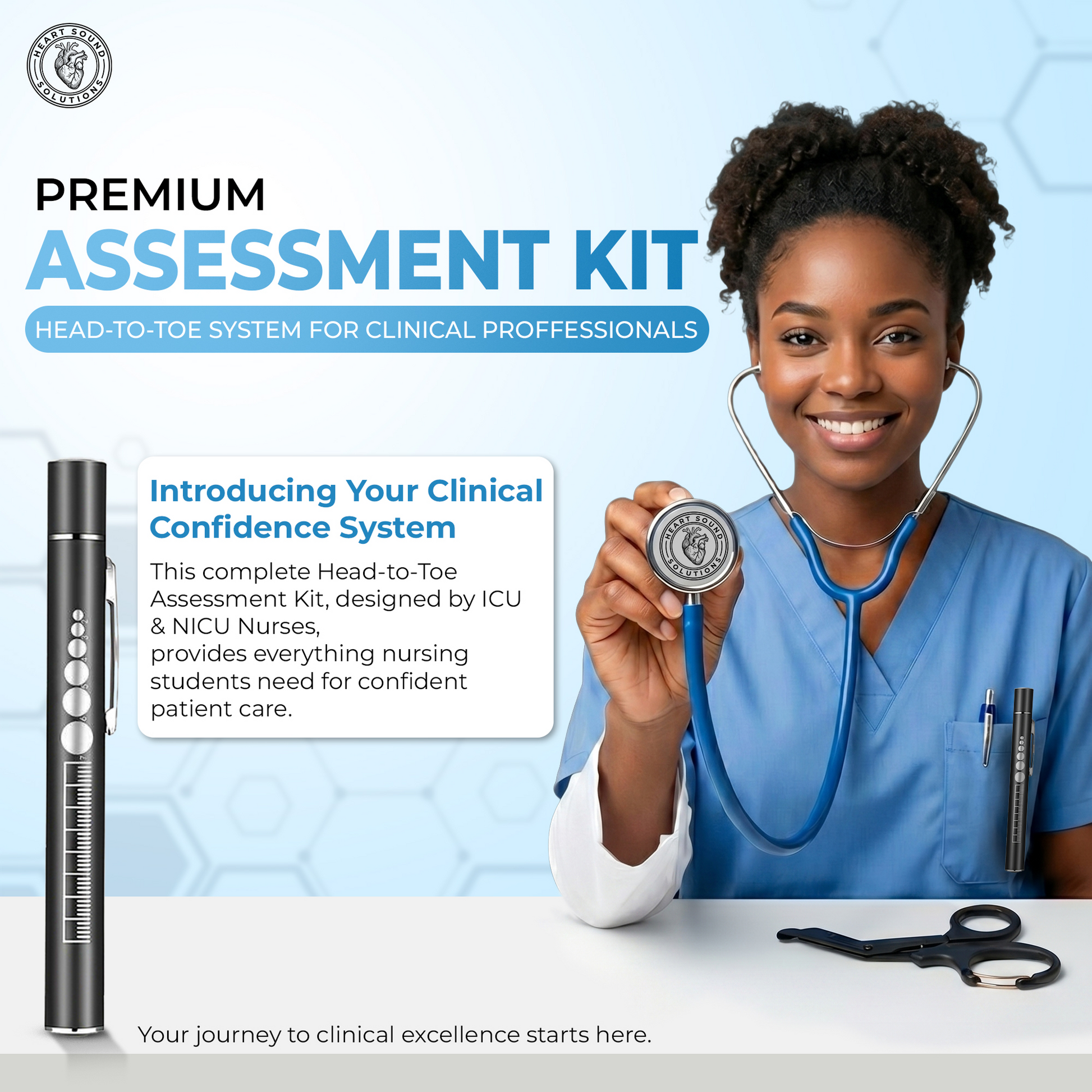 Nursing Student Assessment Kit – Stethoscope, Blood Pressure Cuff, Penlight & Trauma Shears – Complete Head-to-Toe Nursing School Starter Kit for Clinical Rotations & Vital Signs Practice - Heart Sound Solutions