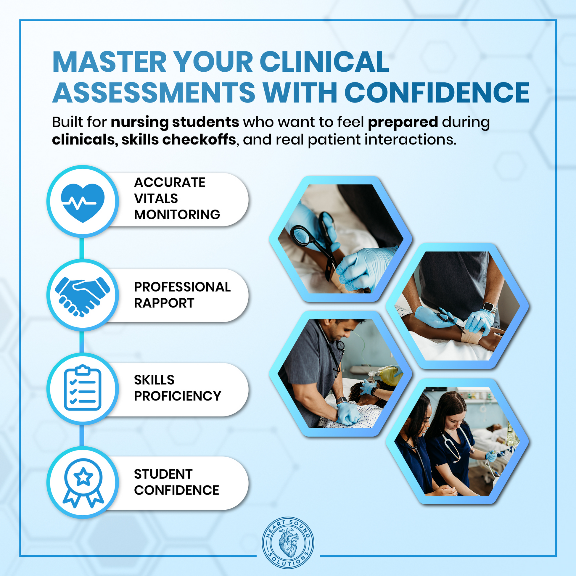 Nursing Student Assessment Kit – Stethoscope, Blood Pressure Cuff, Penlight & Trauma Shears – Complete Head-to-Toe Nursing School Starter Kit for Clinical Rotations & Vital Signs Practice - Heart Sound Solutions