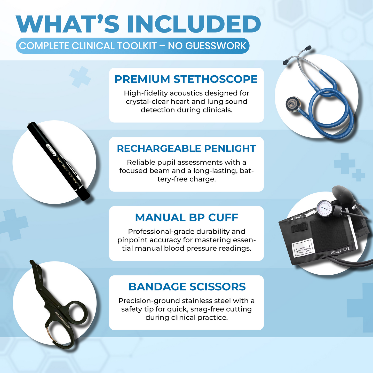 Nursing Student Assessment Kit – Stethoscope, Blood Pressure Cuff, Penlight & Trauma Shears – Complete Head-to-Toe Nursing School Starter Kit for Clinical Rotations & Vital Signs Practice - Heart Sound Solutions