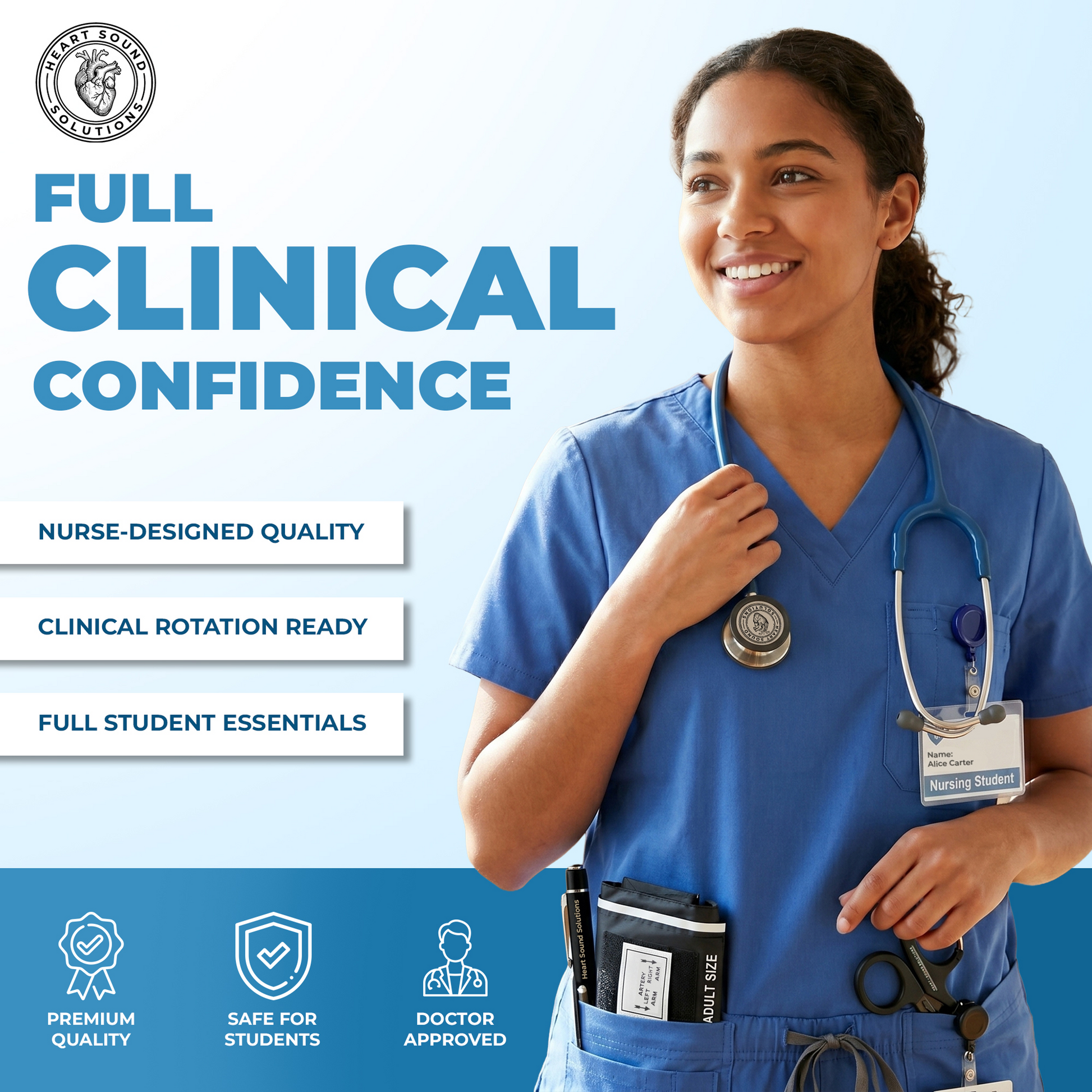 Nursing Student Assessment Kit – Stethoscope, Blood Pressure Cuff, Penlight & Trauma Shears – Complete Head-to-Toe Nursing School Starter Kit for Clinical Rotations & Vital Signs Practice - Heart Sound Solutions