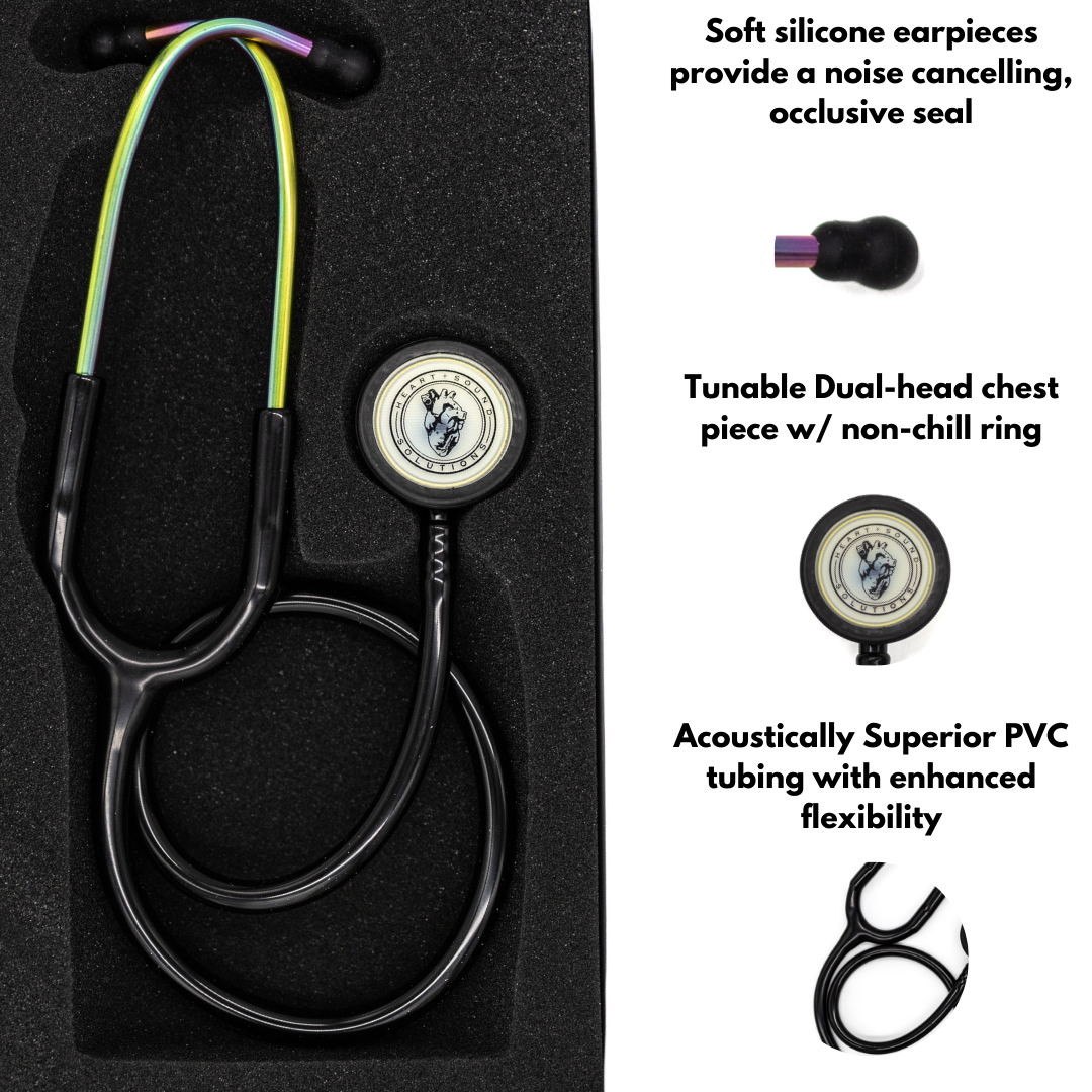 Heart Sound Solutions Signature Series Stethoscope for Nurses, Doctors, and Medical Students | Dual Head Design for Adults & Kids (Rainbow x Black Tube)